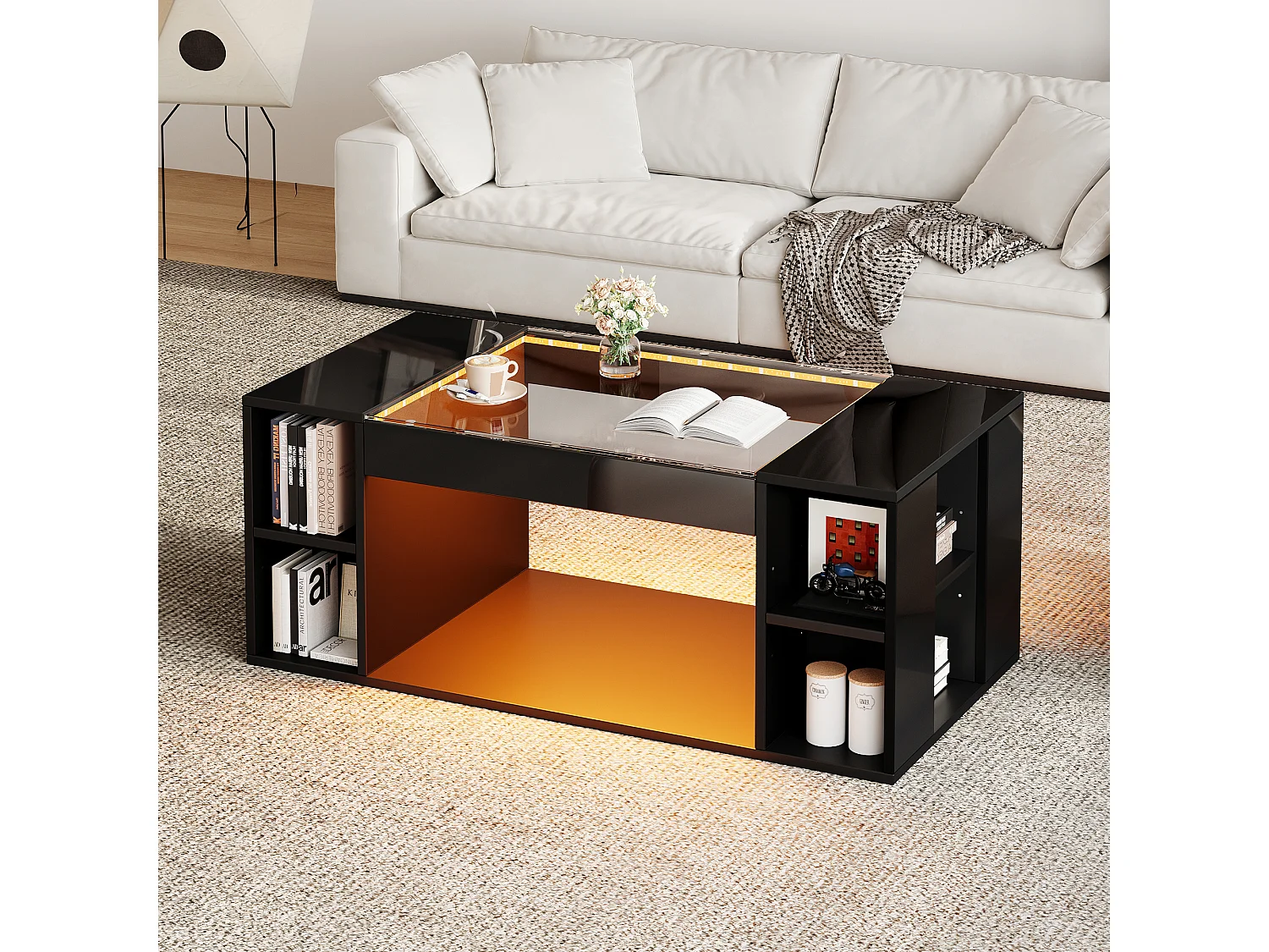 Glänzender Couchtisch 100x50x40cm - mit LED-Beleuchtung - Offene Ablage - Platte aus gehärtetem Glas - MDF - Schwarz