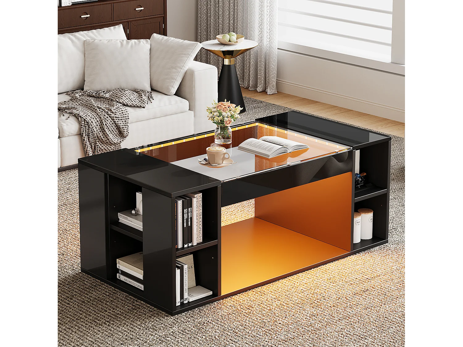 Glänzender Couchtisch 100x50x40cm - mit LED-Beleuchtung - Offene Ablage - Platte aus gehärtetem Glas - MDF - Schwarz