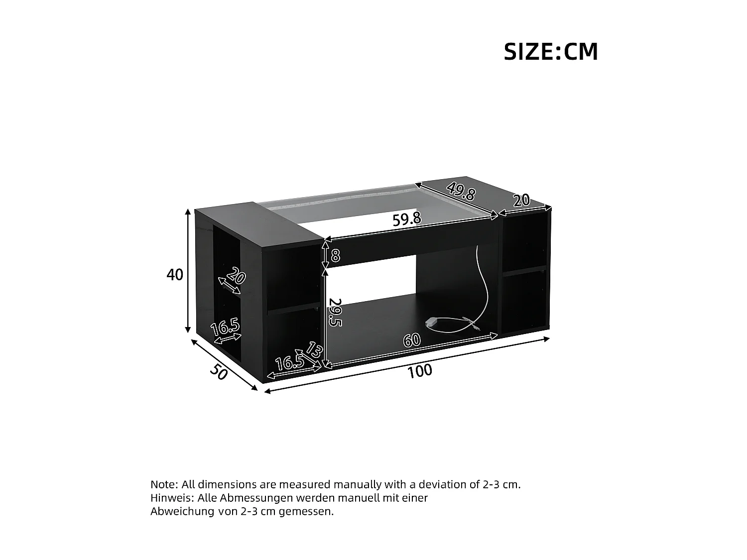 Glänzender Couchtisch 100x50x40cm - mit LED-Beleuchtung - Offene Ablage - Platte aus gehärtetem Glas - MDF - Schwarz