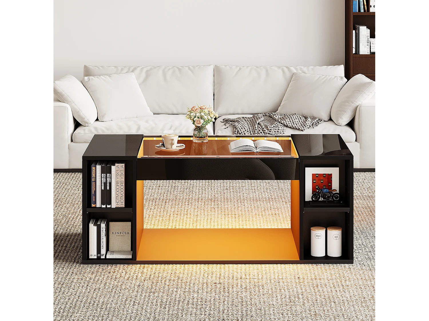 Glänzender Couchtisch 100x50x40cm - mit LED-Beleuchtung - Offene Ablage - Platte aus gehärtetem Glas - MDF - Schwarz