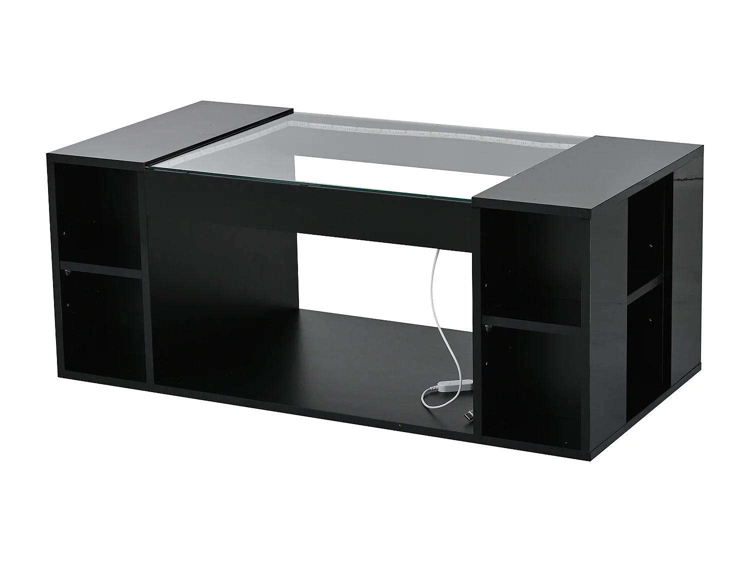 Glänzender Couchtisch 100x50x40cm - mit LED-Beleuchtung - Offene Ablage - Platte aus gehärtetem Glas - MDF - Schwarz