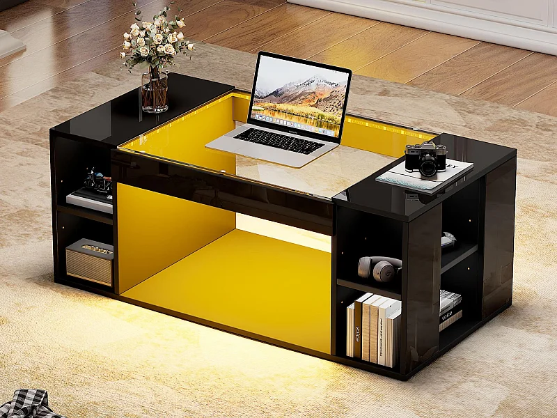 Glänzender Couchtisch 100x50x40cm - mit LED-Beleuchtung - Offene Ablage - Platte aus gehärtetem Glas - MDF - Schwarz