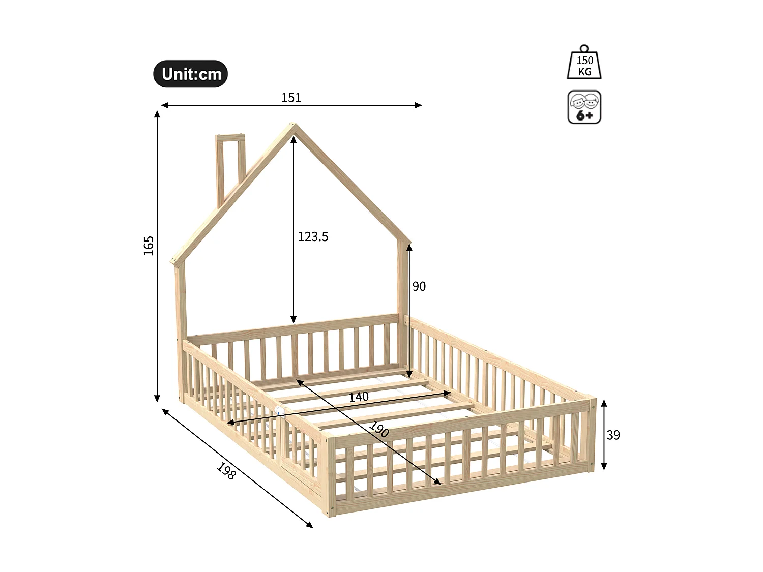 Kinderhuisbed 140 x 190 cm - met lattenbodem - met 1 deur - natuur​ (matras niet inbegrepen)