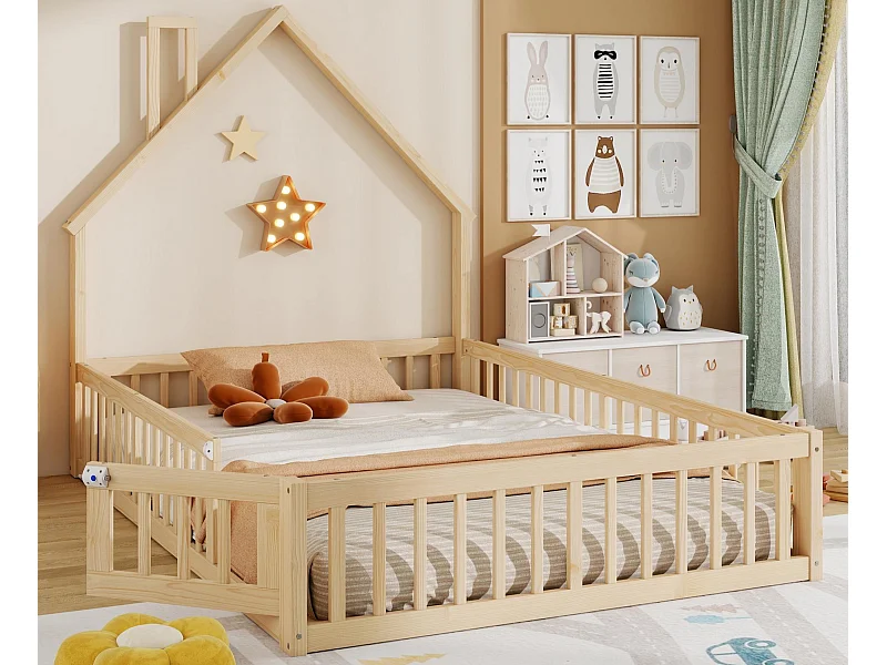 Kinderhuisbed 140 x 190 cm - met lattenbodem - met 1 deur - natuur​ (matras niet inbegrepen)