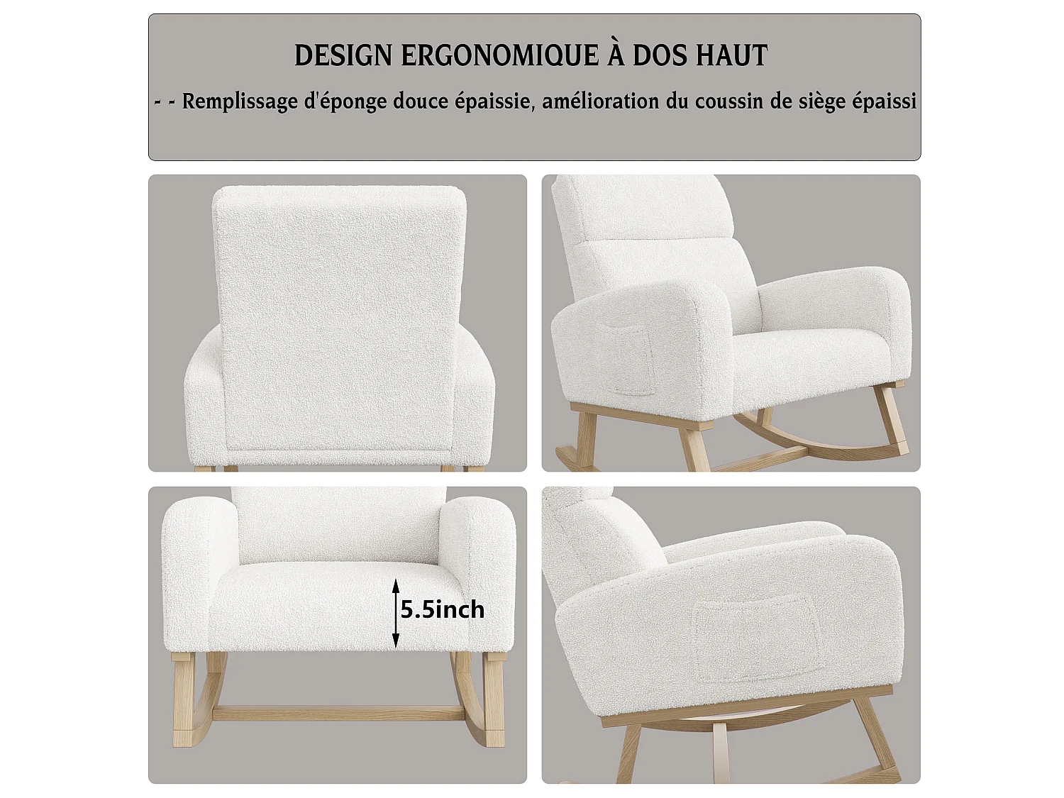 Fauteuil à bascule avec dossier - poches latérales - polaire douce - blanc
