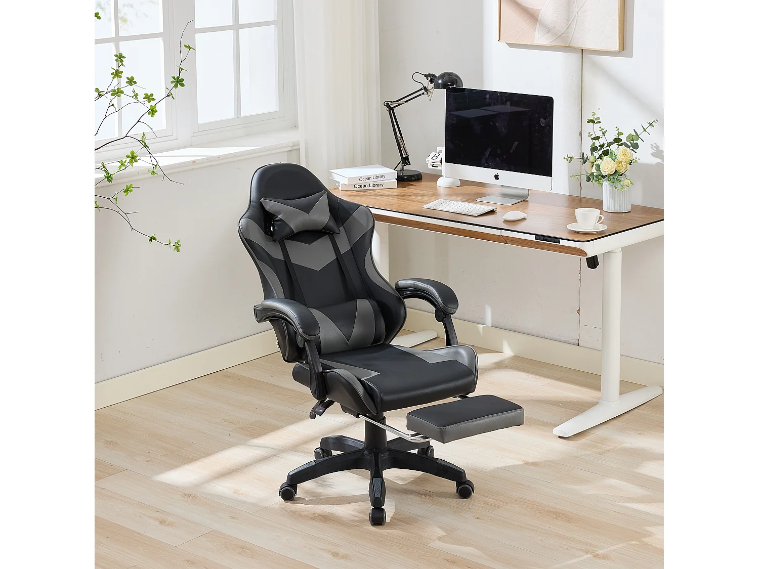 Fauteuil de bureau pivotant Massant en similicuir - Réglable en hauteur - Noir et gris
