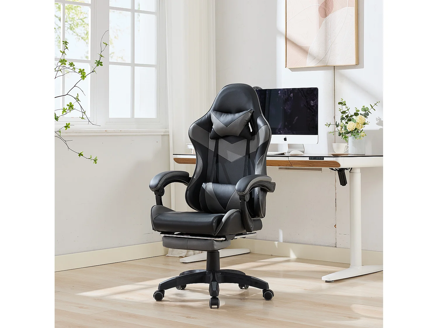Fauteuil de bureau pivotant Massant en similicuir - Réglable en hauteur - Noir et gris
