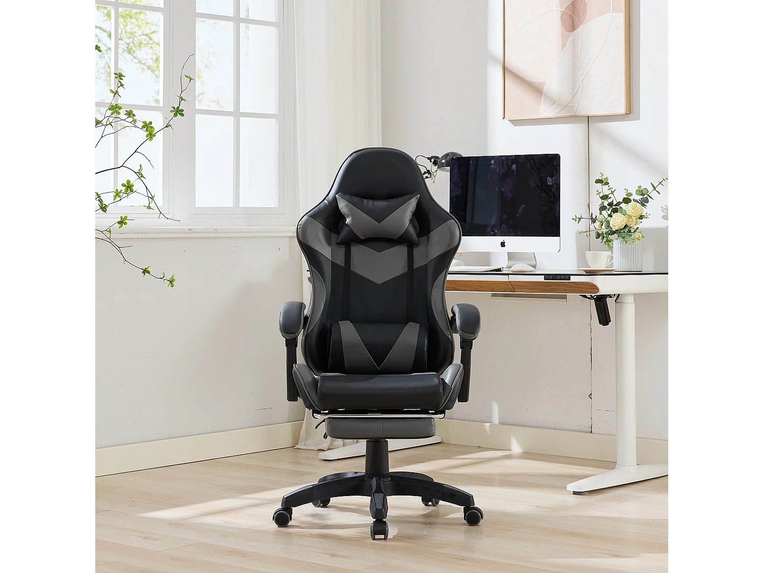 Fauteuil de bureau pivotant Massant en similicuir - Réglable en hauteur - Noir et gris