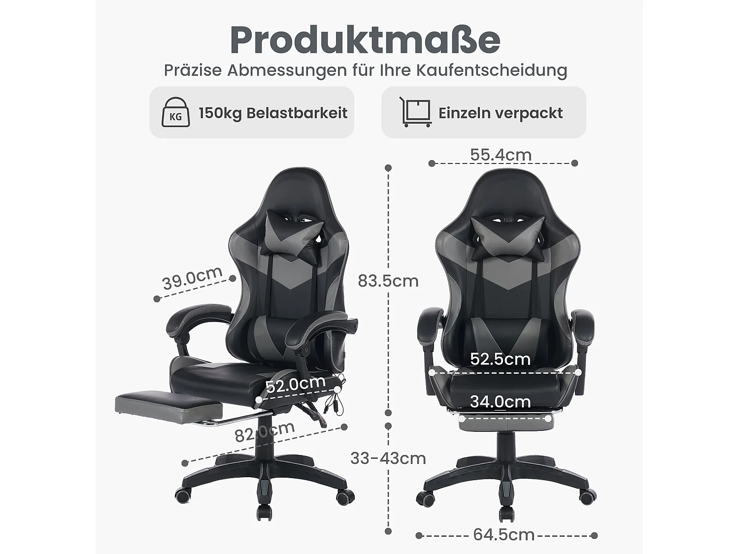 Fauteuil de bureau pivotant Massant en similicuir - Réglable en hauteur - Noir et gris