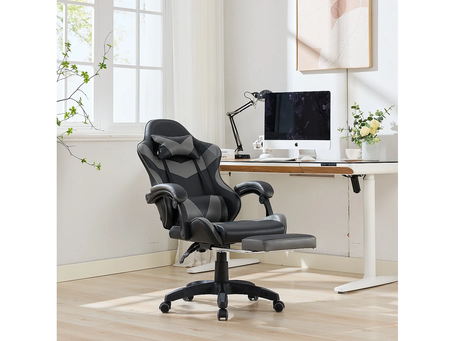 Fauteuil de bureau pivotant Massant en similicuir - Réglable en hauteur - Noir et gris