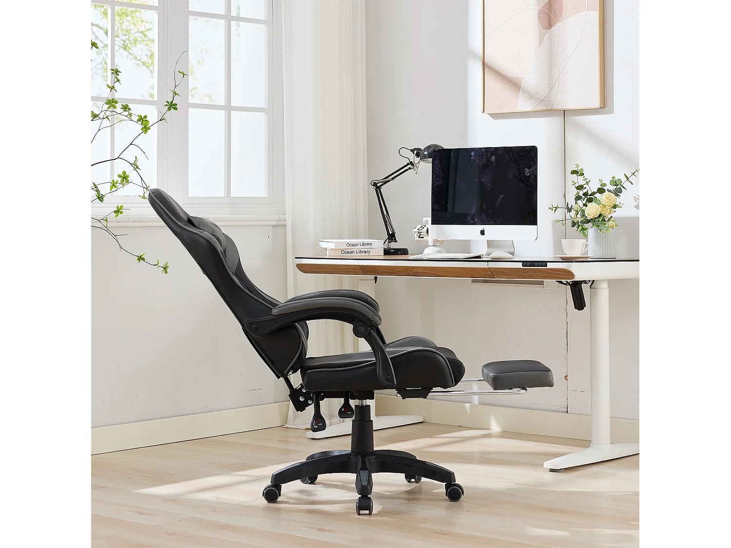 Fauteuil de bureau pivotant Massant en similicuir - Réglable en hauteur - Noir et gris