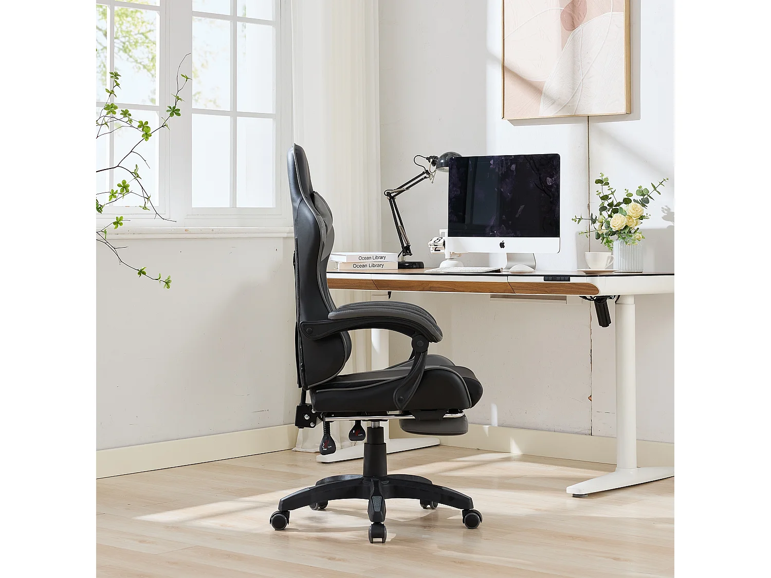 Fauteuil de bureau pivotant Massant en similicuir - Réglable en hauteur - Noir et gris
