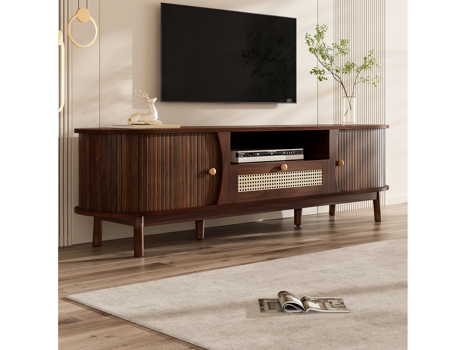 TV-Schrank aus Rattan 165x37x46 cm - 2 Türen und 1 Schublade aus Rattan - Landhausstil - MDF - Braun