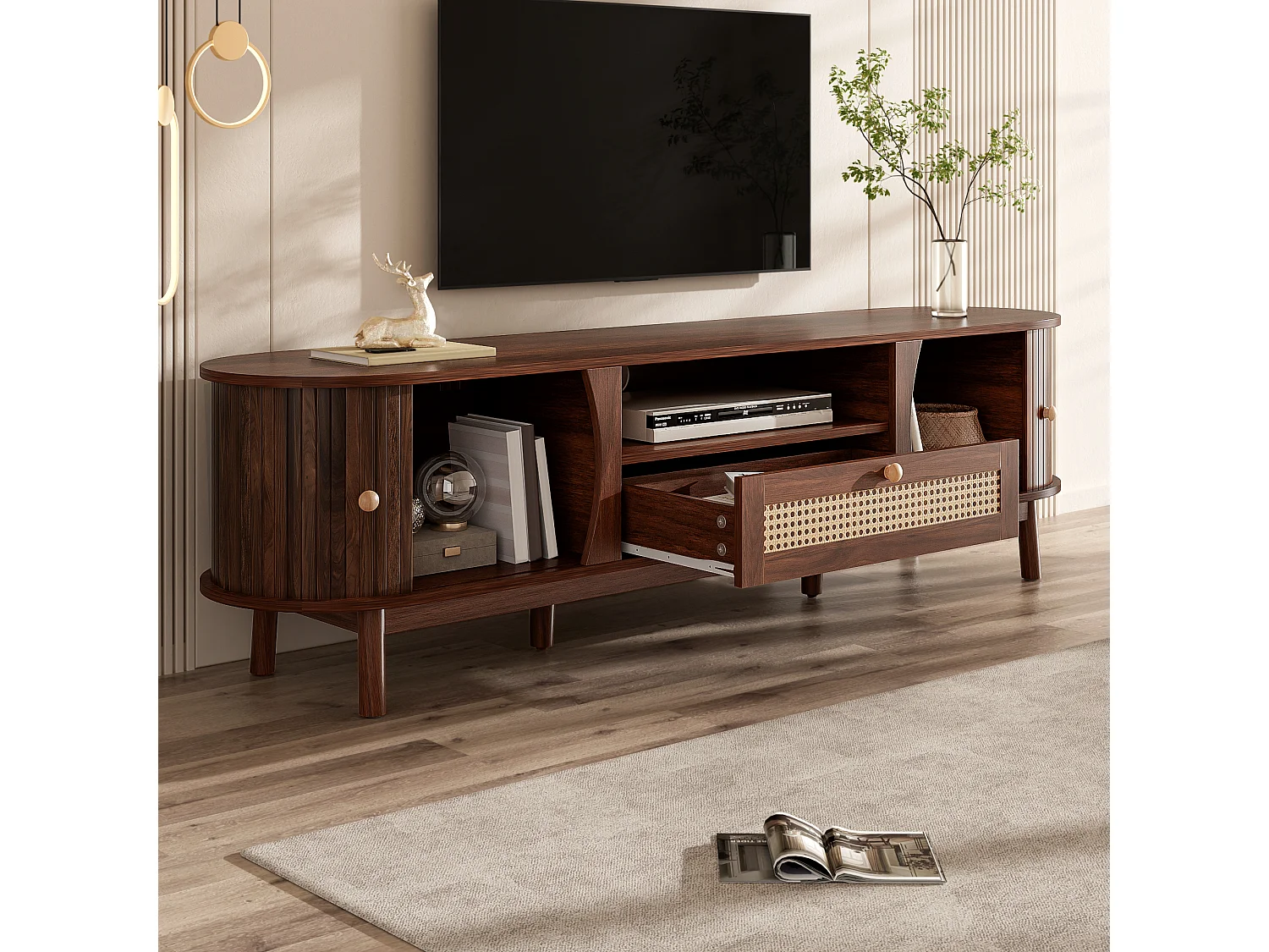 TV-Schrank aus Rattan 165x37x46 cm - 2 Türen und 1 Schublade aus Rattan - Landhausstil - MDF - Braun