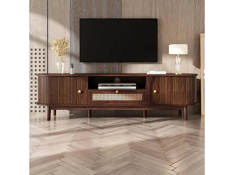 TV-Schrank aus Rattan 165x37x46 cm - 2 Türen und 1 Schublade aus Rattan - Landhausstil - MDF - Braun