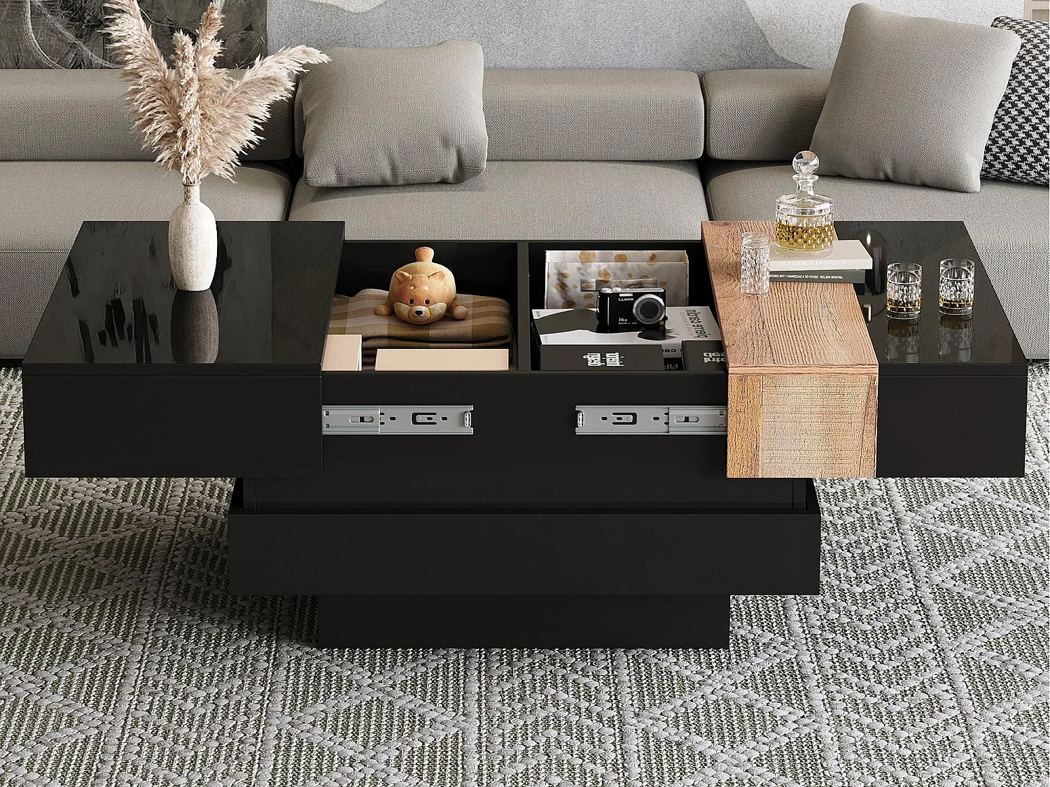 Ausziehbarer Couchtisch 70x70x39 cm - mit Stauraum - Hochglanzfinish - MDF - ​​Schwarz​