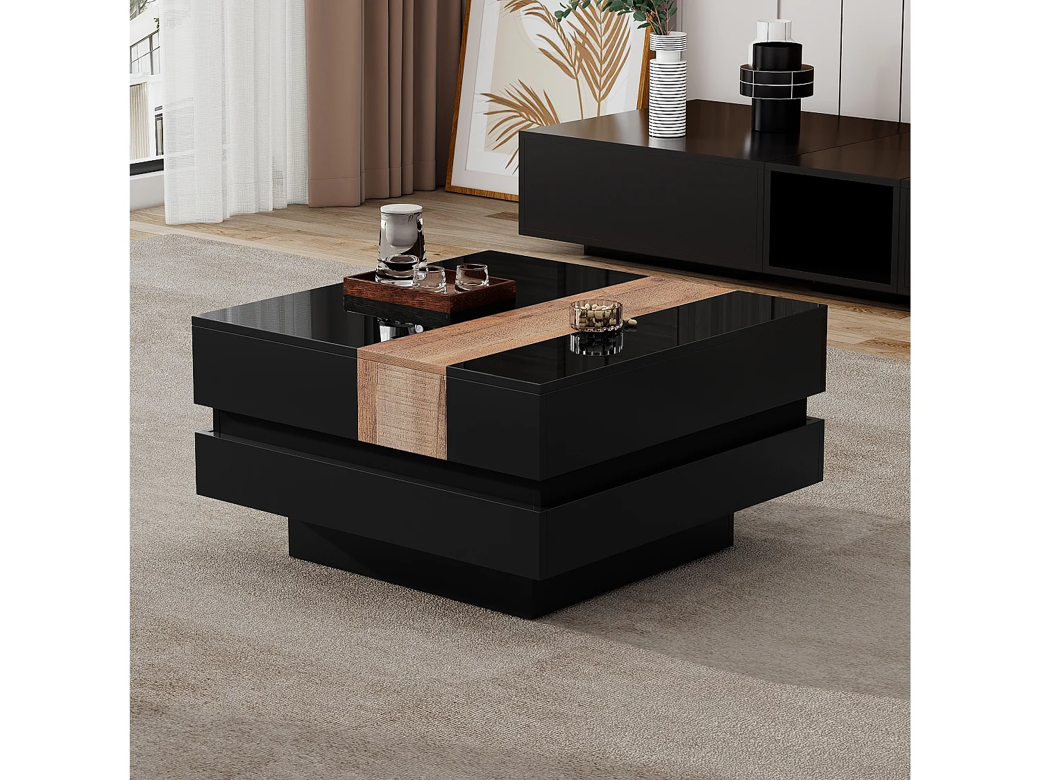 Ausziehbarer Couchtisch 70x70x39 cm - mit Stauraum - Hochglanzfinish - MDF - ​​Schwarz​