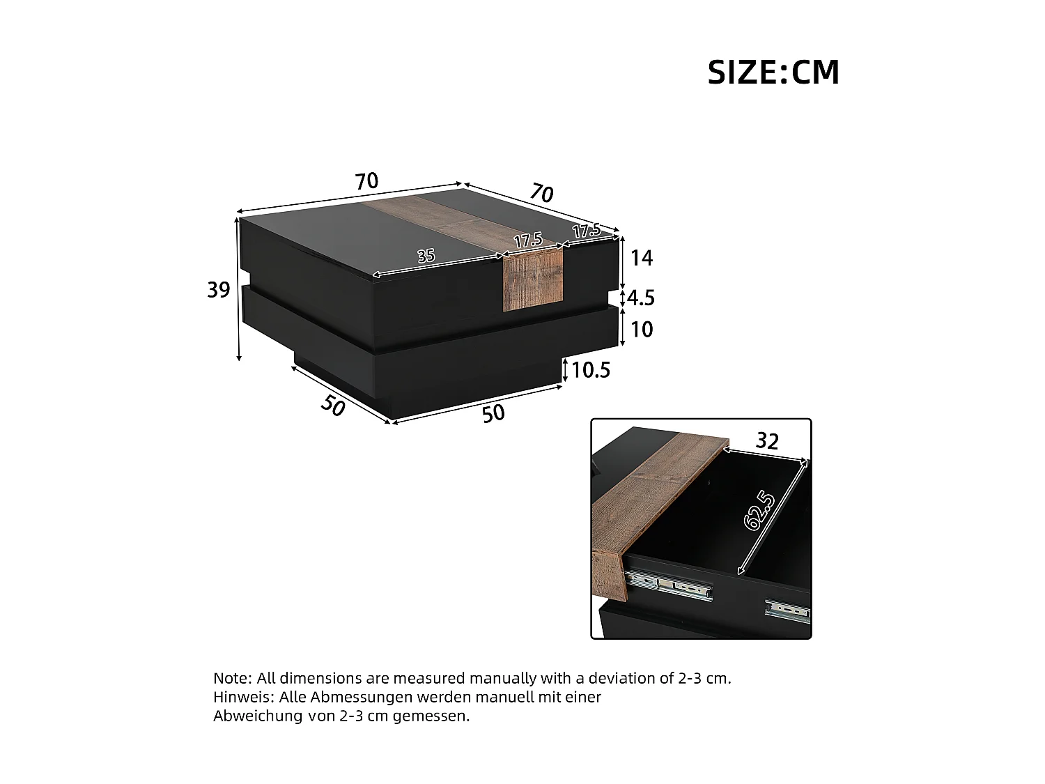 Ausziehbarer Couchtisch 70x70x39 cm - mit Stauraum - Hochglanzfinish - MDF - ​​Schwarz​