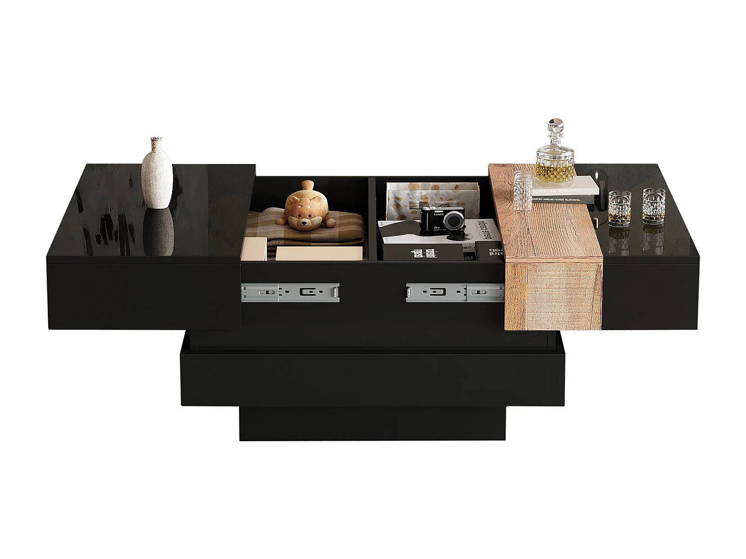 Ausziehbarer Couchtisch 70x70x39 cm - mit Stauraum - Hochglanzfinish - MDF - ​​Schwarz​