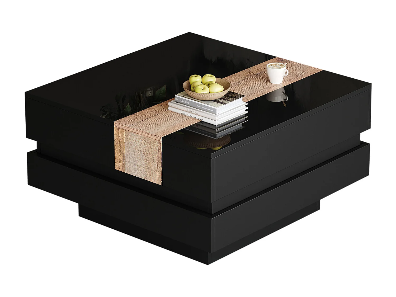 Ausziehbarer Couchtisch 70x70x39 cm - mit Stauraum - Hochglanzfinish - MDF - ​​Schwarz​