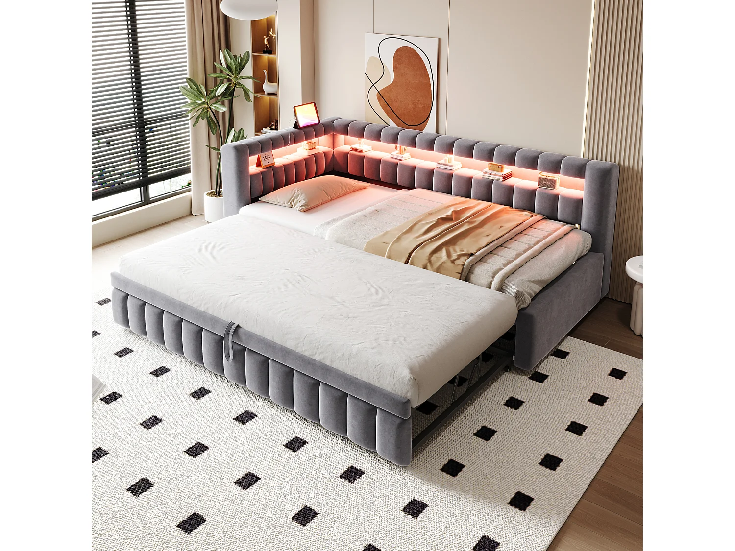 Lit capitonné enfant - 90 x 200 cm - avec lit gigogne 90 x 190 cm + Leds + tête de lit + dossier - velours - gris