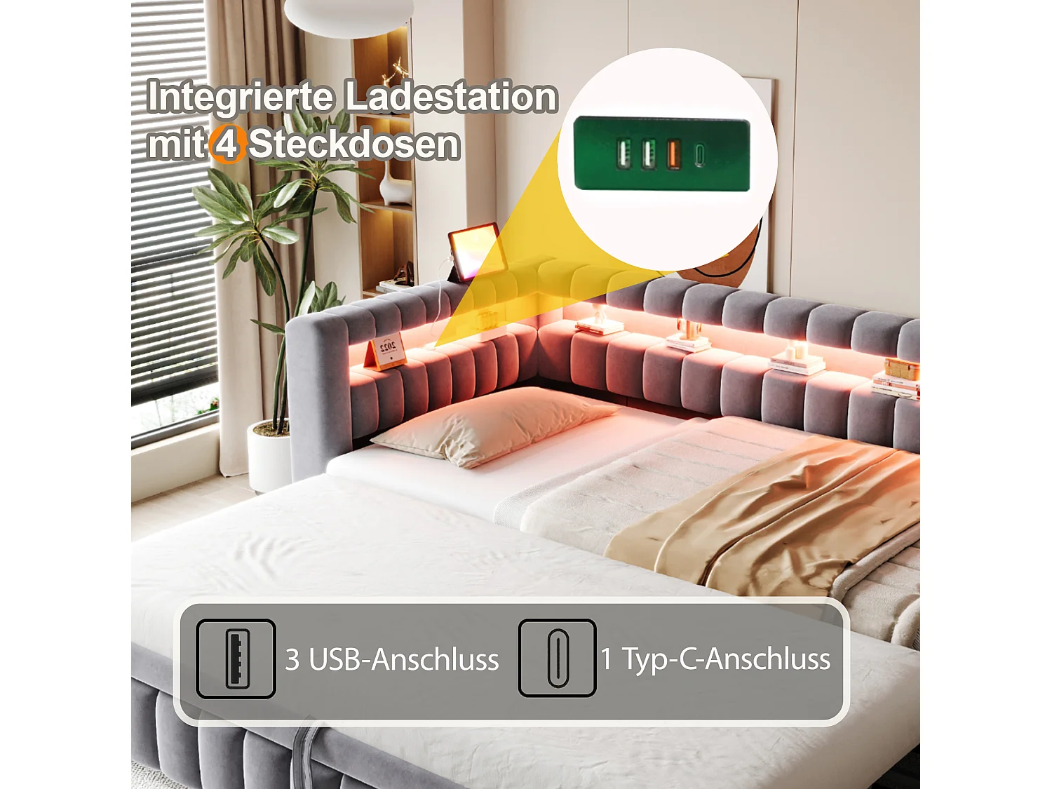 Lit capitonné enfant - 90 x 200 cm - avec lit gigogne 90 x 190 cm + Leds + tête de lit + dossier - velours - gris