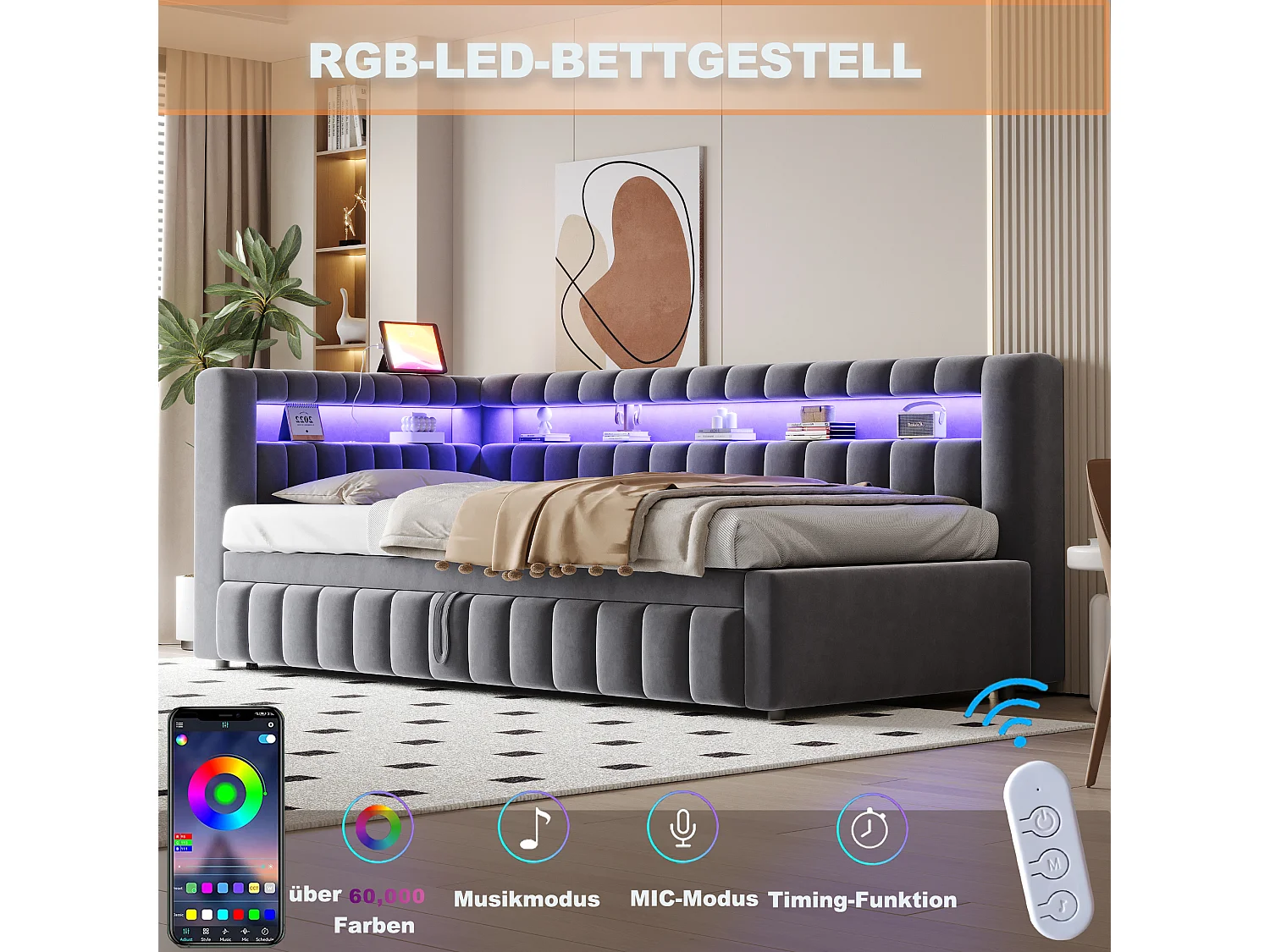 Lit capitonné enfant - 90 x 200 cm - avec lit gigogne 90 x 190 cm + Leds + tête de lit + dossier - velours - gris