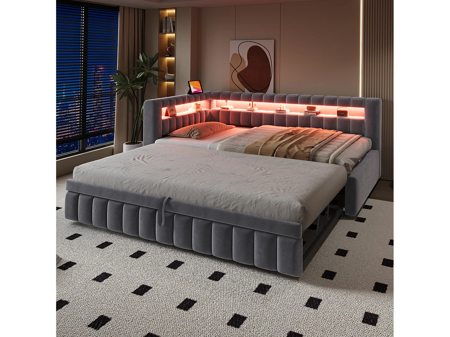 Lit capitonné enfant - 90 x 200 cm - avec lit gigogne 90 x 190 cm + Leds + tête de lit + dossier - velours - gris