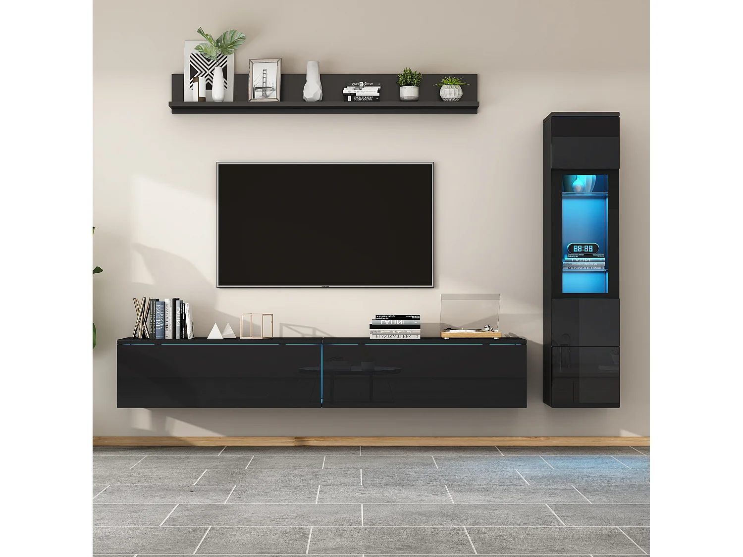 3-teiliger TV-Möbelsatz - TV-Schrank + Wandvitrine + Wandregal - mit LED-Beleuchtung - Schwarz