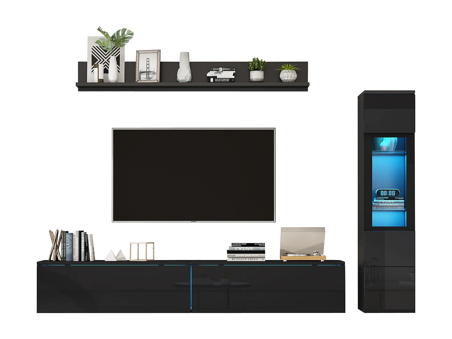3-teiliger TV-Möbelsatz - TV-Schrank + Wandvitrine + Wandregal - mit LED-Beleuchtung - Schwarz