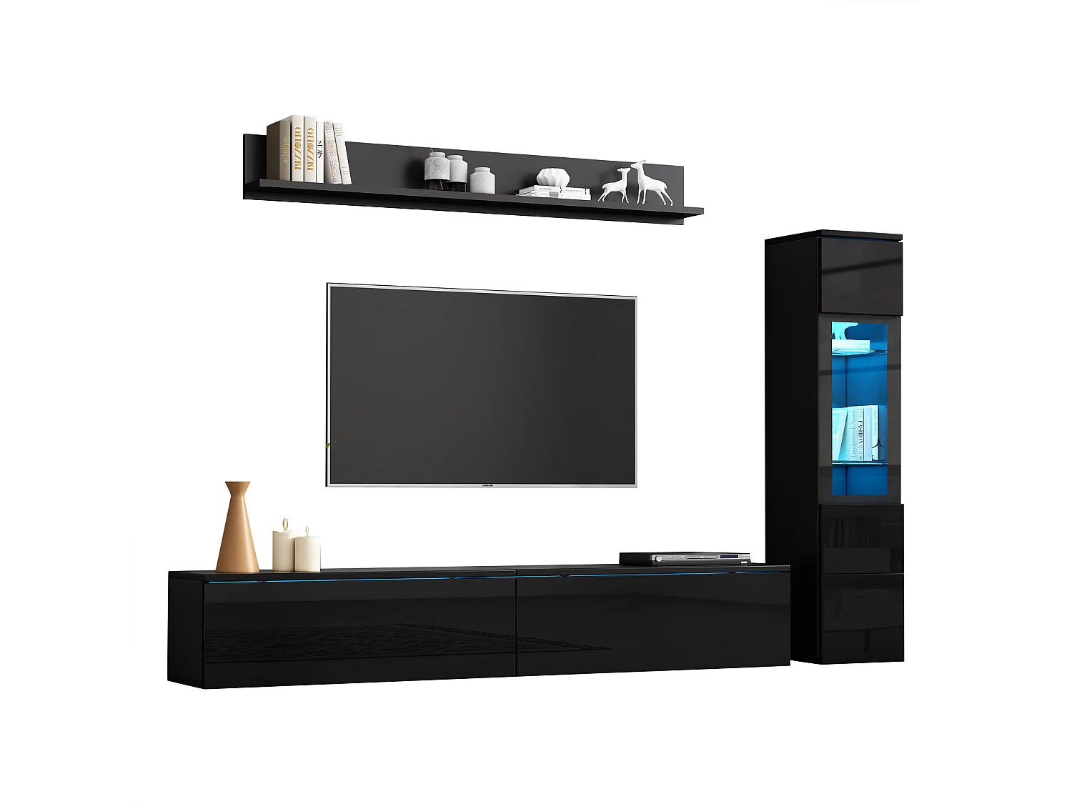 3-teiliger TV-Möbelsatz - TV-Schrank + Wandvitrine + Wandregal - mit LED-Beleuchtung - Schwarz