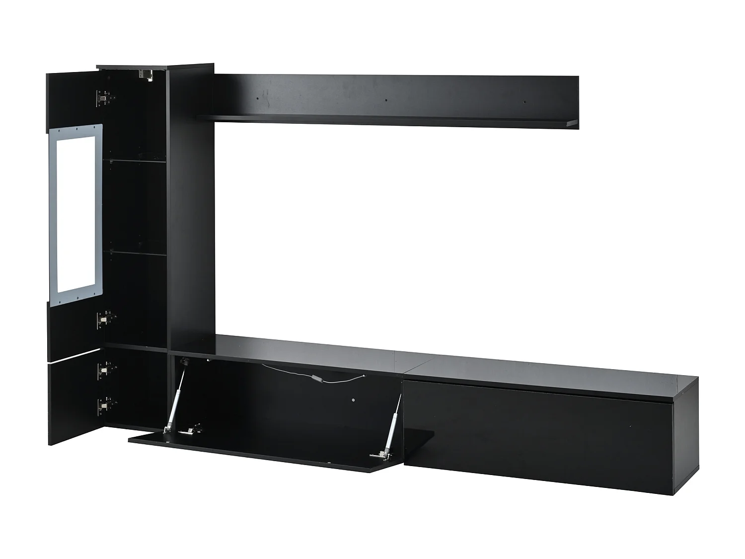 3-teiliger TV-Möbelsatz - TV-Schrank + Wandvitrine + Wandregal - mit LED-Beleuchtung - Schwarz