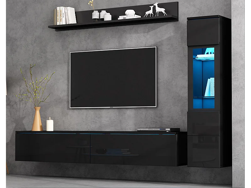 3-teiliger TV-Möbelsatz - TV-Schrank + Wandvitrine + Wandregal - mit LED-Beleuchtung - Schwarz