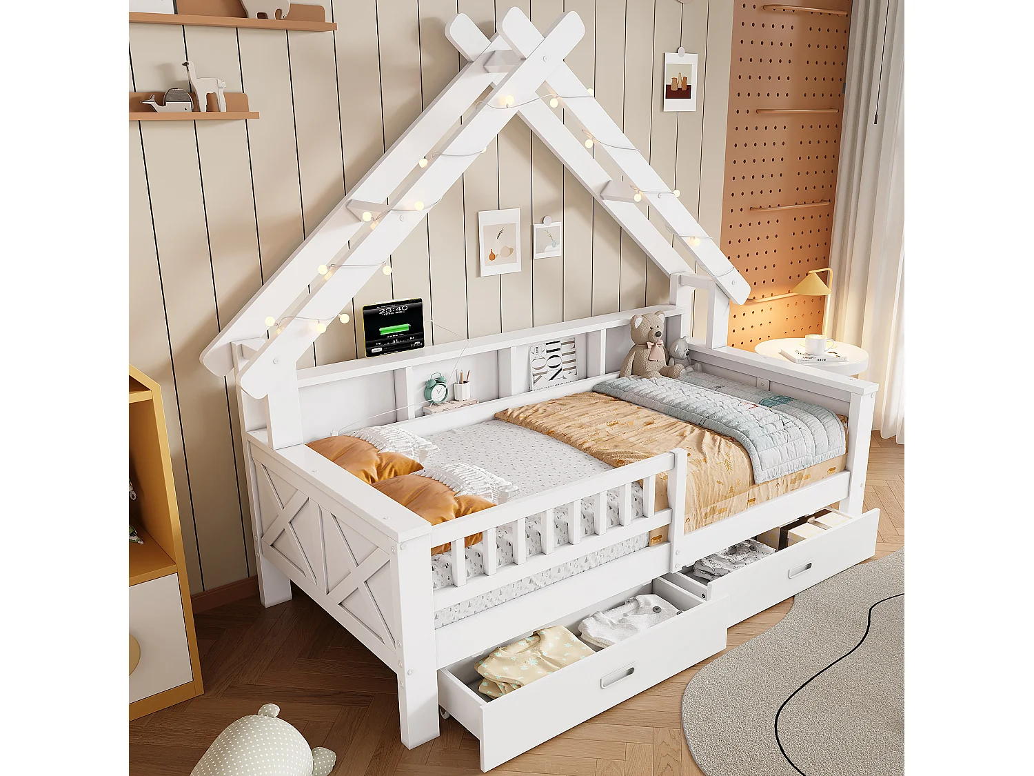 Lits plateformes en forme de maison - 90 x 200 cm - avec Leds + étagère + 2 tiroirs + barrières - MDF + bois - blanc