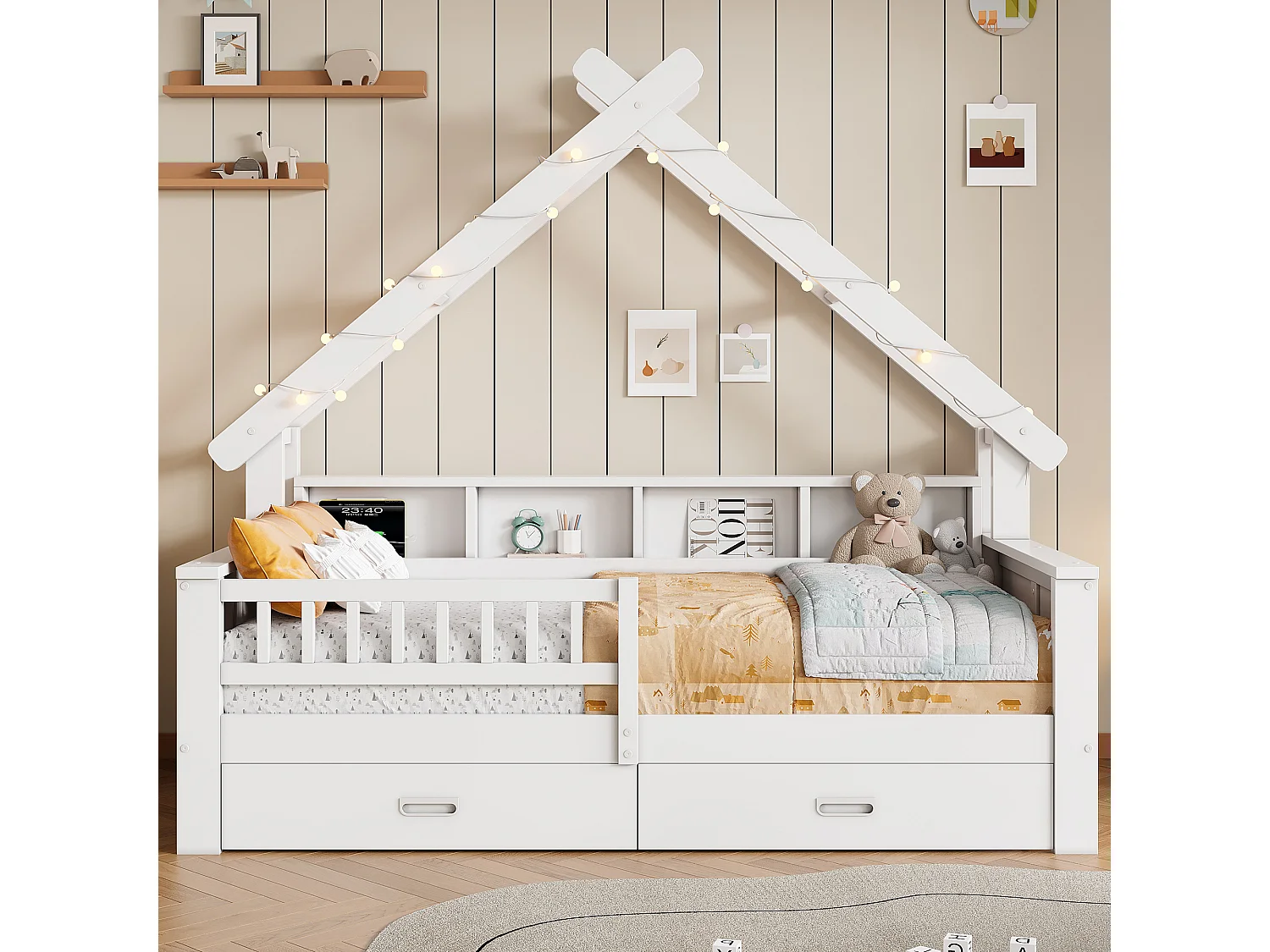 Lits plateformes en forme de maison - 90 x 200 cm - avec Leds + étagère + 2 tiroirs + barrières - MDF + bois - blanc