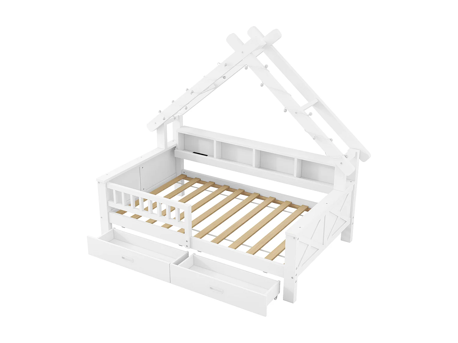 Lits plateformes en forme de maison - 90 x 200 cm - avec Leds + étagère + 2 tiroirs + barrières - MDF + bois - blanc