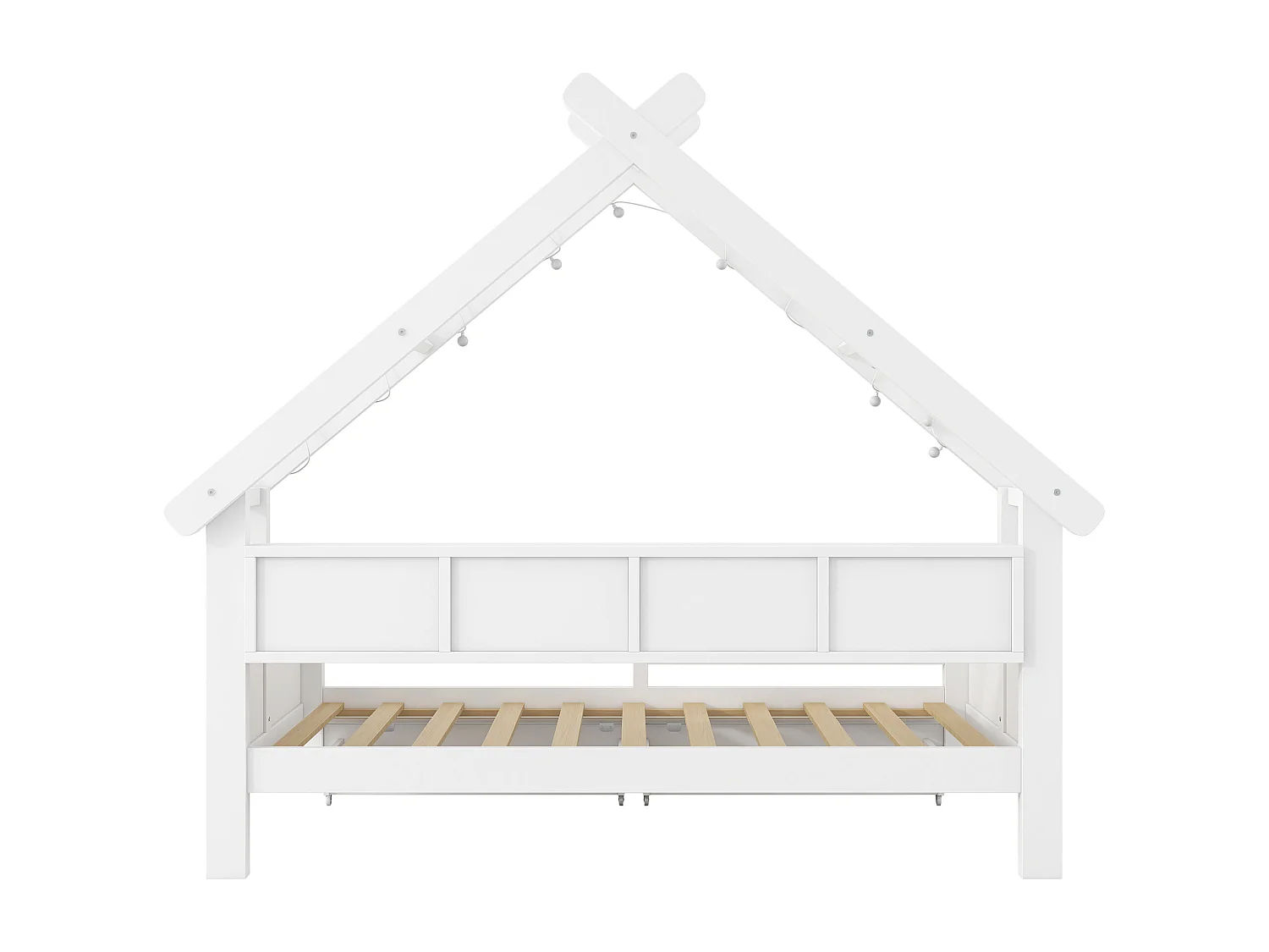 Lits plateformes en forme de maison - 90 x 200 cm - avec Leds + étagère + 2 tiroirs + barrières - MDF + bois - blanc