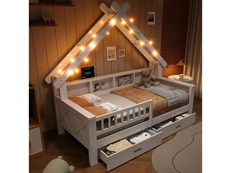 Lits plateformes en forme de maison - 90 x 200 cm - avec Leds + étagère + 2 tiroirs + barrières - MDF + bois - blanc