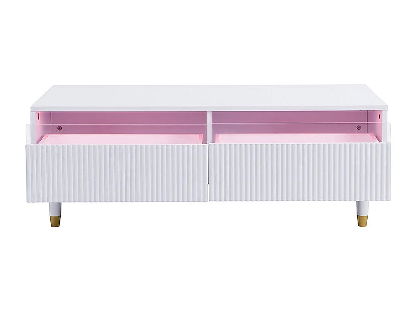 Table basse avec 2 tiroirs ondulé et LED- Blanc et doré