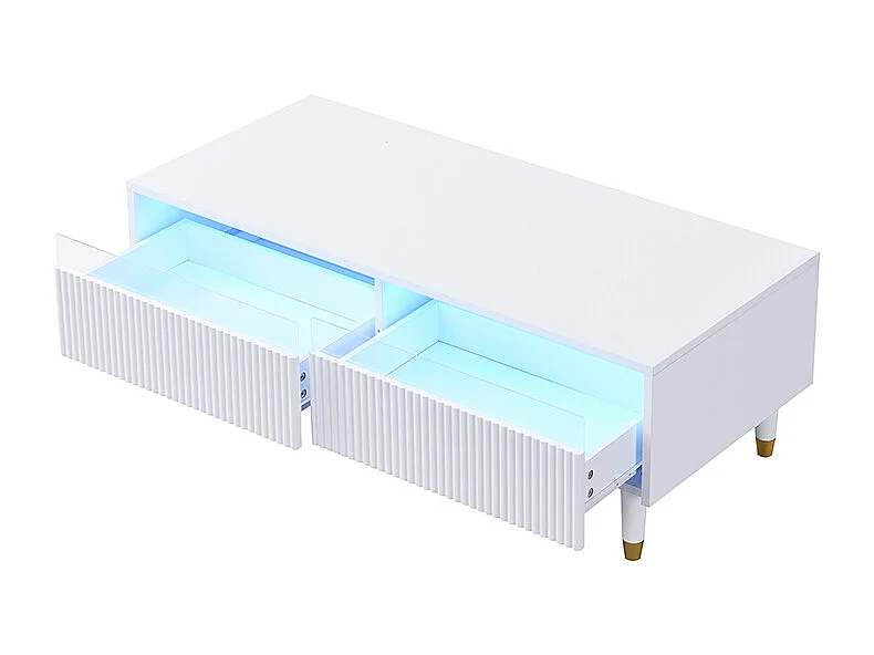 Table basse avec 2 tiroirs ondulé et LED- Blanc et doré