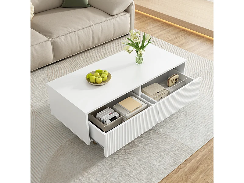 Table basse avec 2 tiroirs ondulé et LED- Blanc et doré