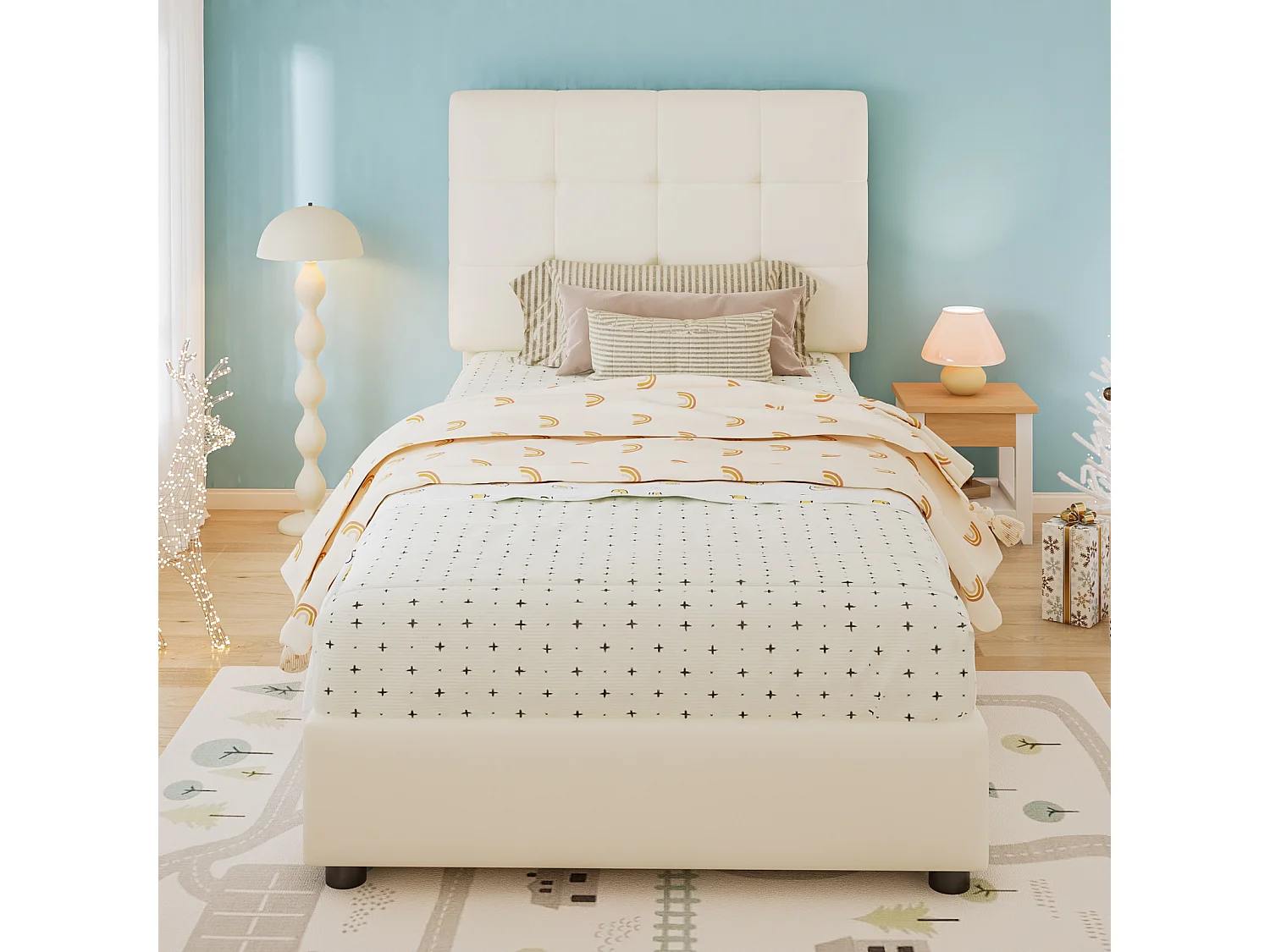 Lit simple enfant 90x200cm - Tête de lit en forme de biscuit - PU - Beige