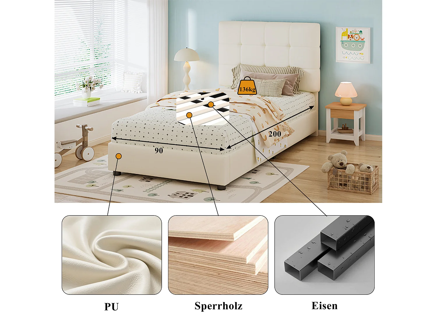 Lit simple enfant 90x200cm - Tête de lit en forme de biscuit - PU - Beige