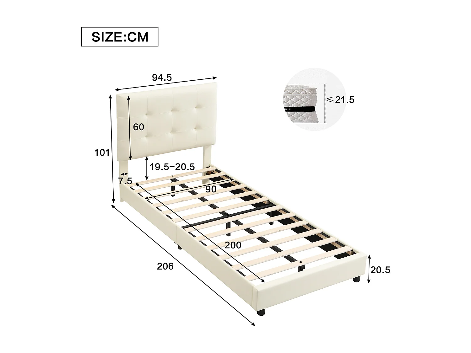 Lit simple enfant 90x200cm - Tête de lit en forme de biscuit - PU - Beige