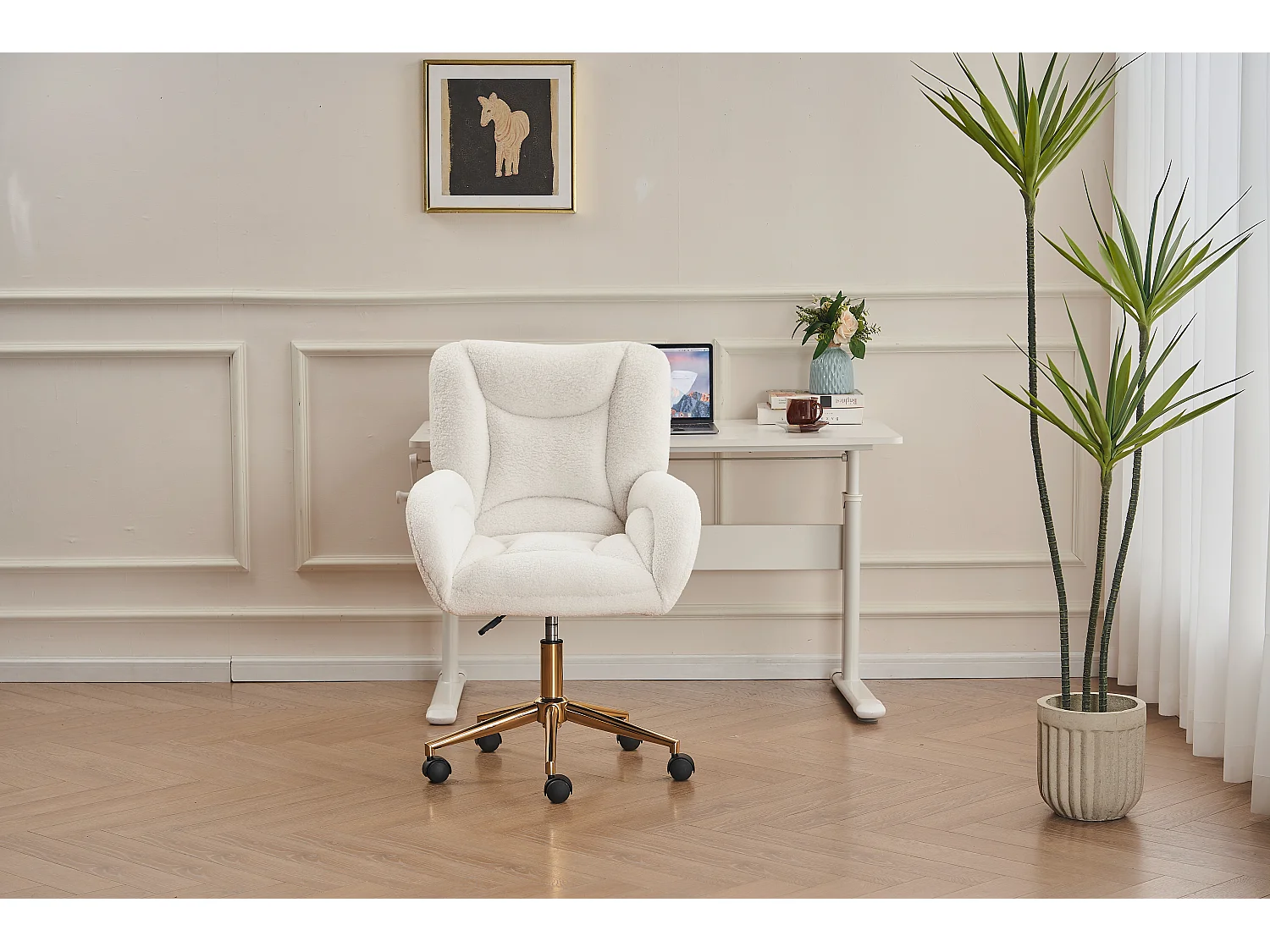 Fauteuil pivotant réglable en hauteur - Tissu Teddy - Blanc
