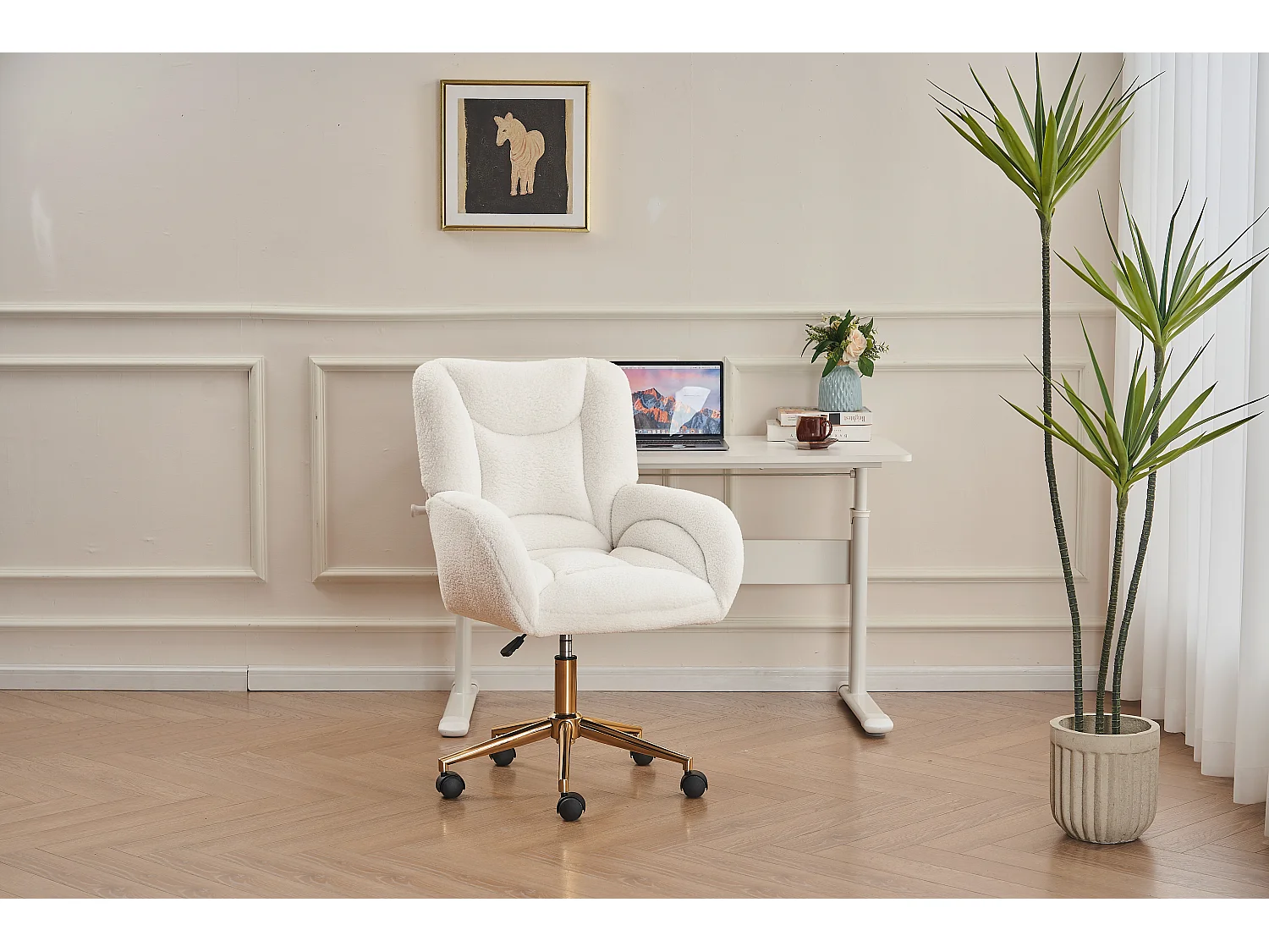 Fauteuil pivotant réglable en hauteur - Tissu Teddy - Blanc