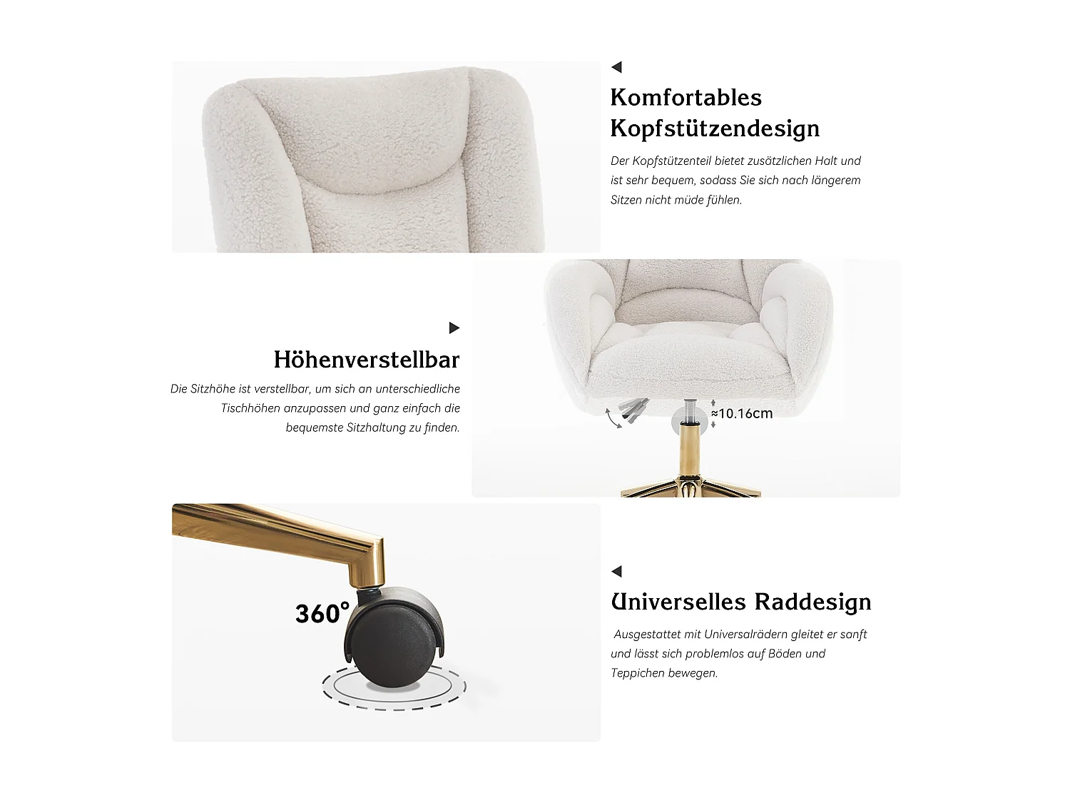 Fauteuil pivotant réglable en hauteur - Tissu Teddy - Blanc