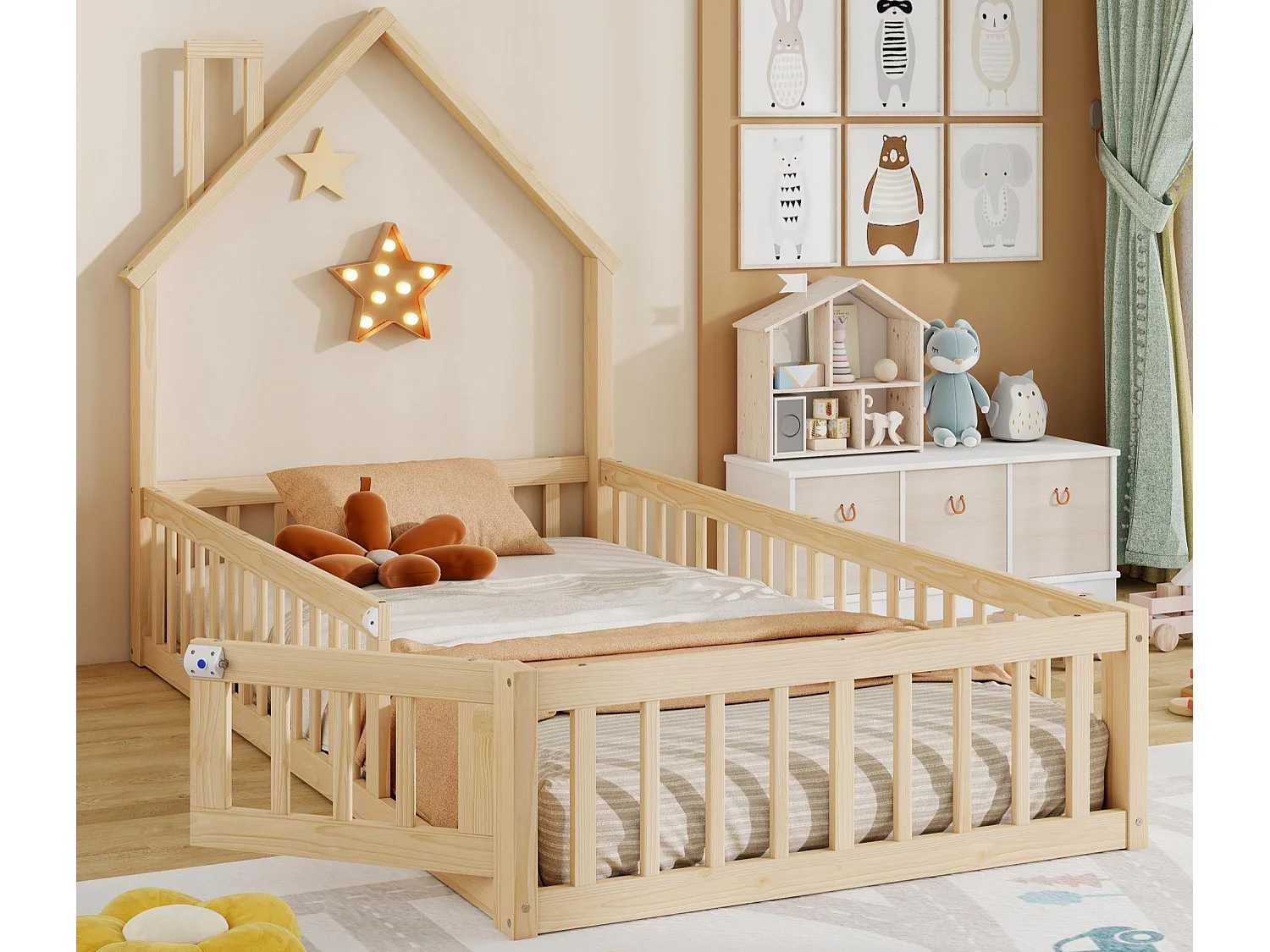 Kinderhuisbed 90 x 200 cm - met lattenbodem - met 1 deur - natuur​ (matras niet inbegrepen)