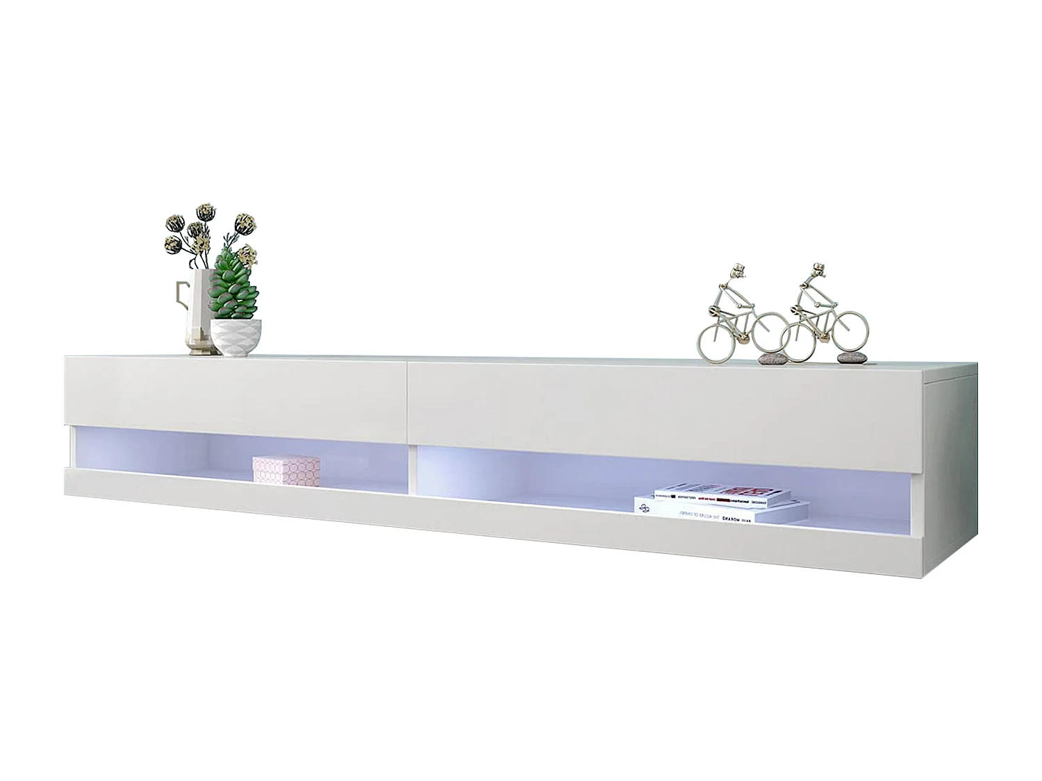 Meuble TV mural blanc avec rangement et LED - Finition brillante