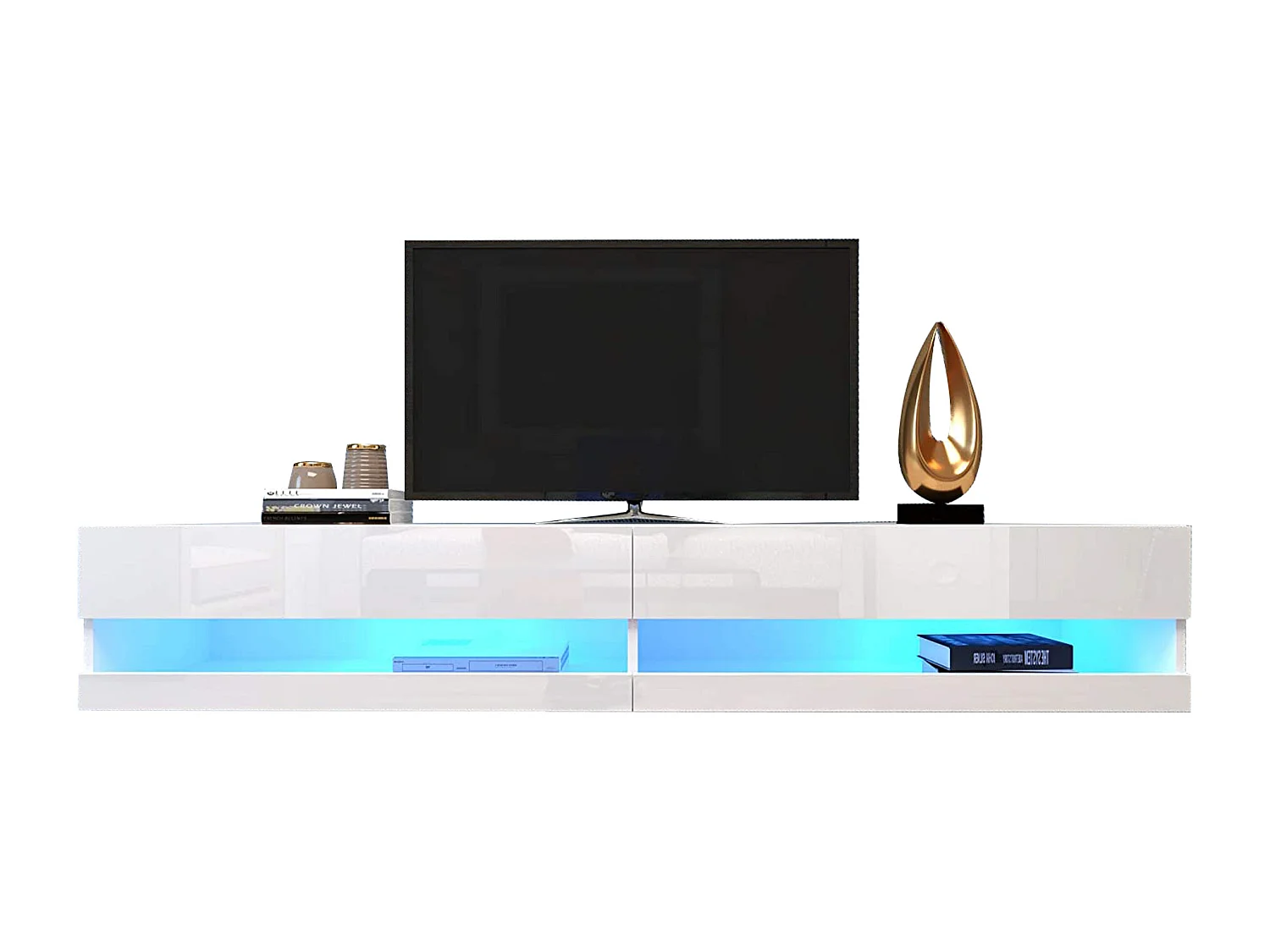 Meuble TV mural blanc avec rangement et LED - Finition brillante